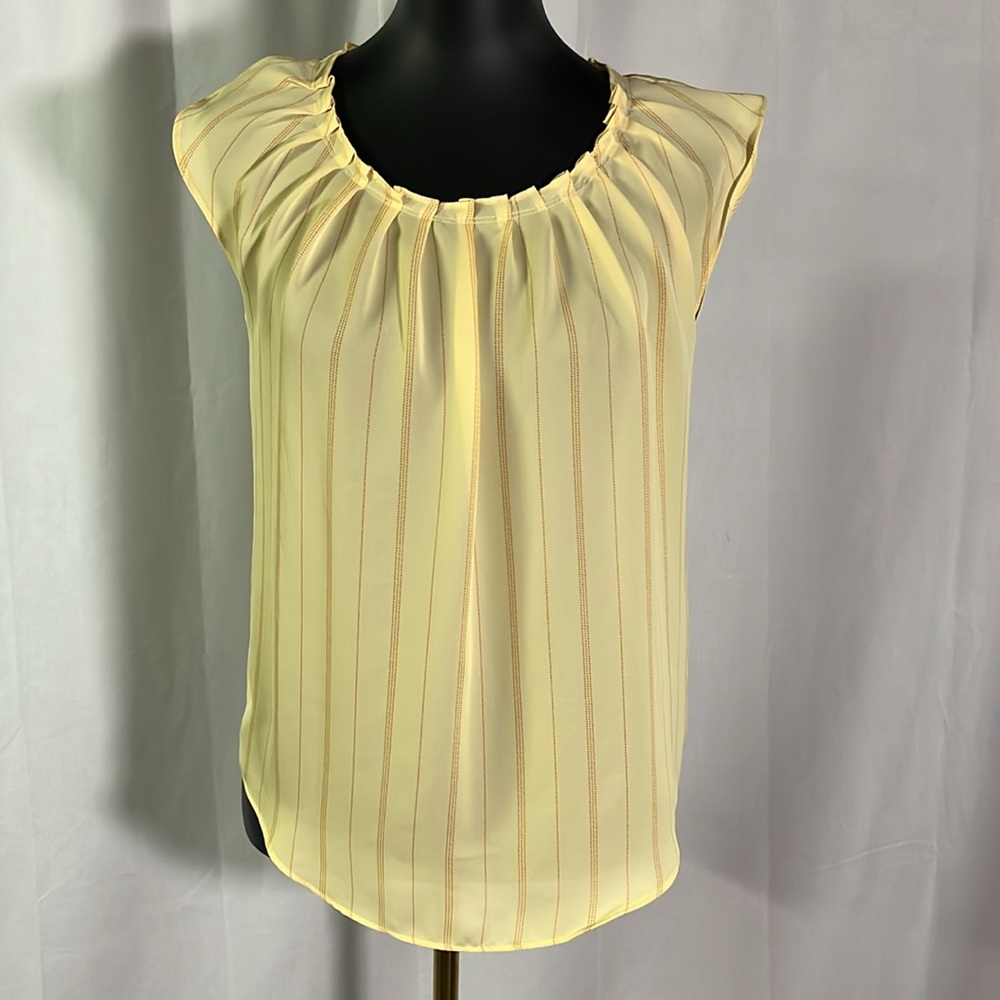 LC Lauren Conrad Yellow Striped Pleated Neck Tie Back Short Sleeve Blouse